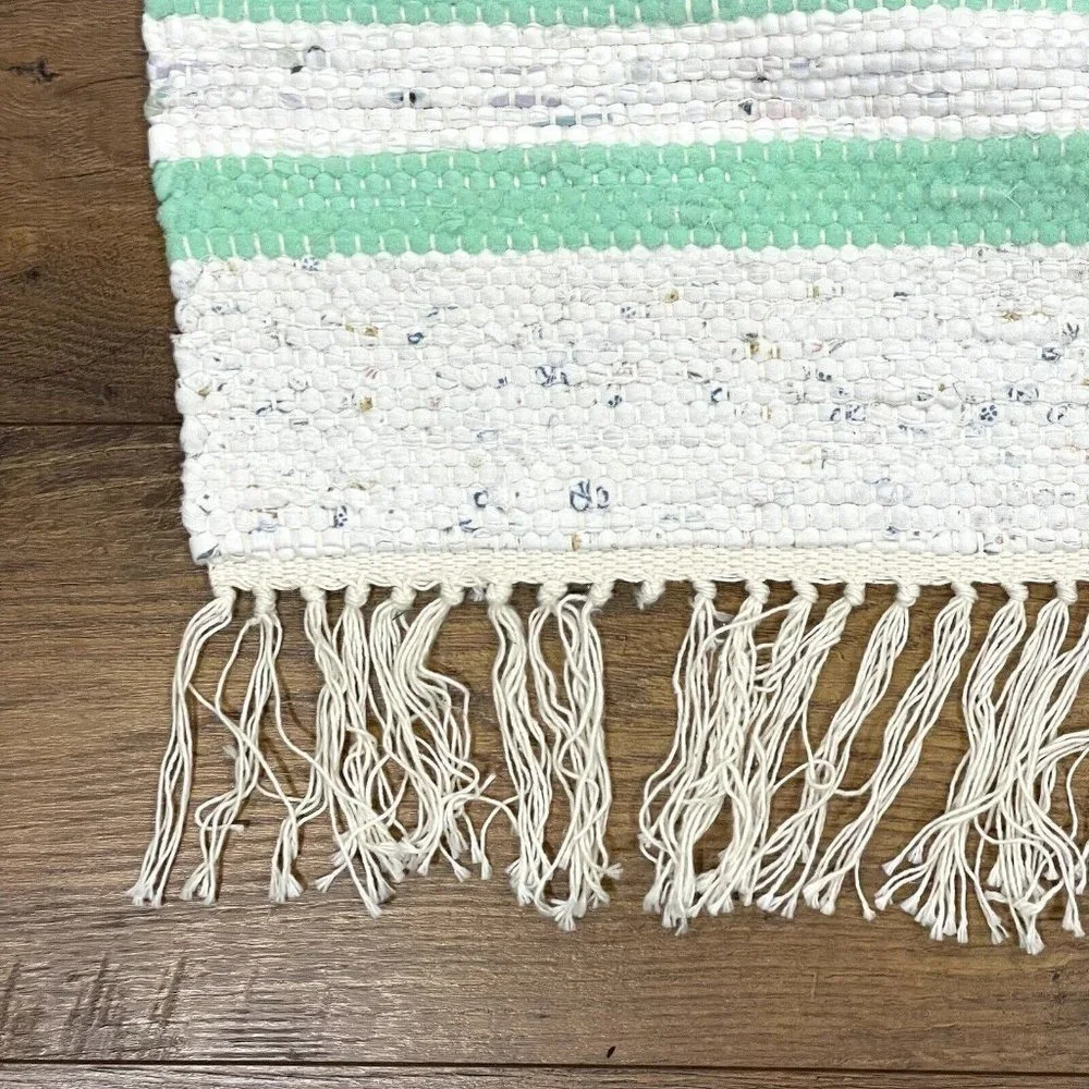 NEW Handmade Woven‎ Rag Rug 20x26 Fringe Tassel Throw Cotton Striped Green Ivory